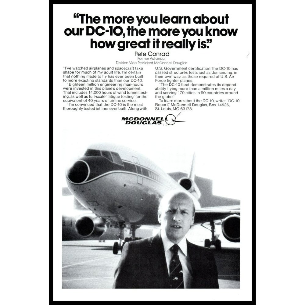 1980 McDonnell Douglas DC-10 Jet Airplane Vintage Print Ad Travel Airport Decor